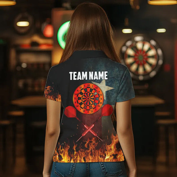 Personalized Retro Texas Flag Flame Dartboard Darts Shirts For Women, Patriotic Texas Dart Jerseys TDM3677