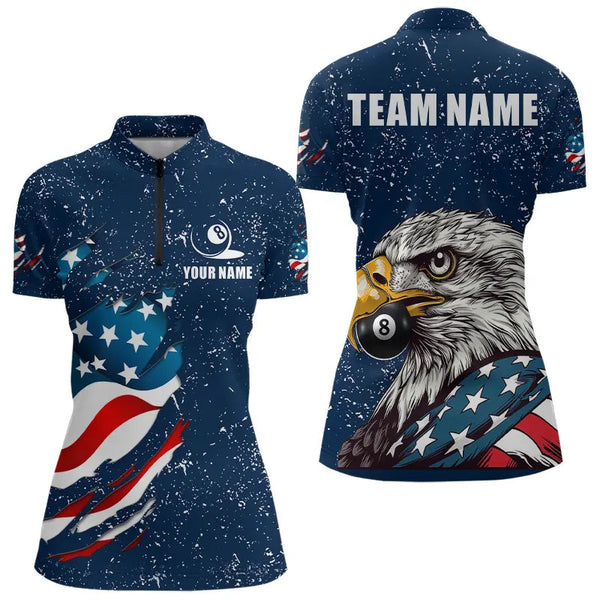 Blue Navy Grunge Eagle American Flag Custom Billiard Shirts For Women, Patriotic Billiard Team Shirts TDM3681