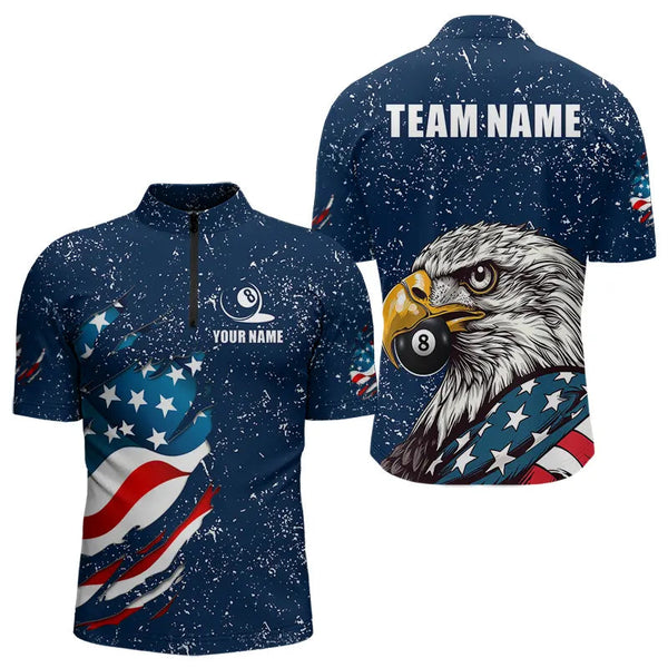 Blue Navy Grunge Eagle American Flag Custom Billiard Shirts For Men, Patriotic Billiard Team Shirts TDM3681