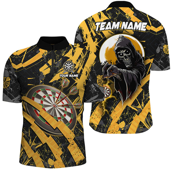 Personalized Grunge Yellow Dartboard Skeleton Darts Shirts For Men Custom Cool Darts Team Jerseys TDM1960