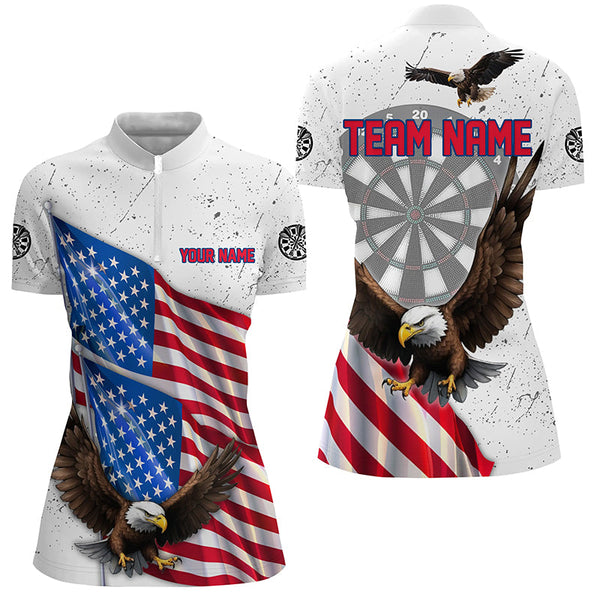 Personalized Eagle American Flag Custom White Grunge Darts Shirts For Women, Patriotic Darts Jerseys TDM2428