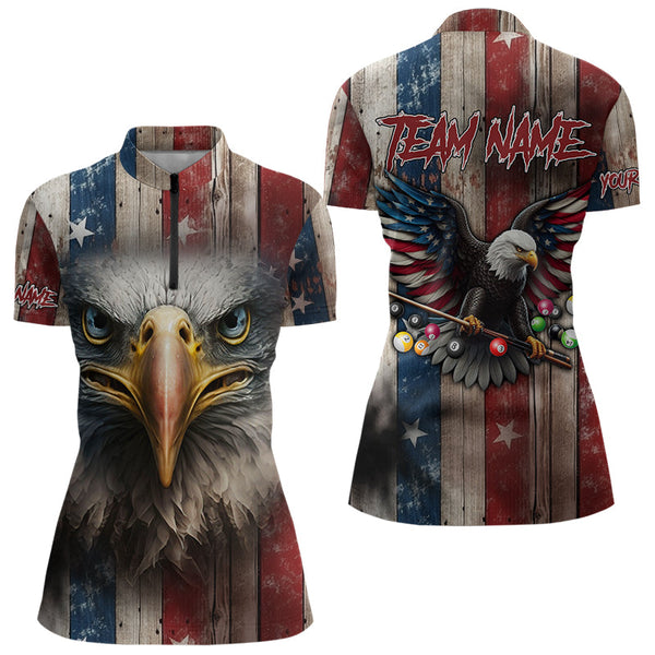 Patriotic Billiard Shirts For Women Custom Eagle American Flag Billiard Polo & Quarter Zip Jerseys TDM3167