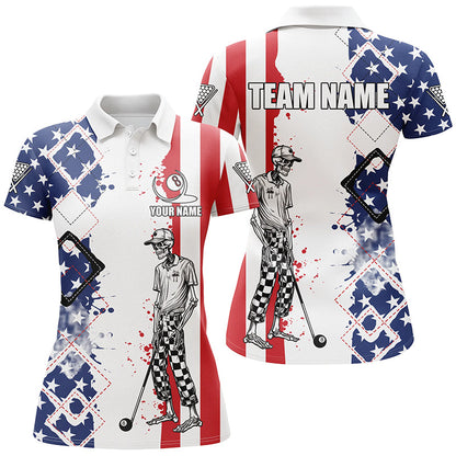 Personalized Argyle US Flag Funny Skeleton Women Billiard Shirts, Patriotic Billiard Team Jerseys TDM1759