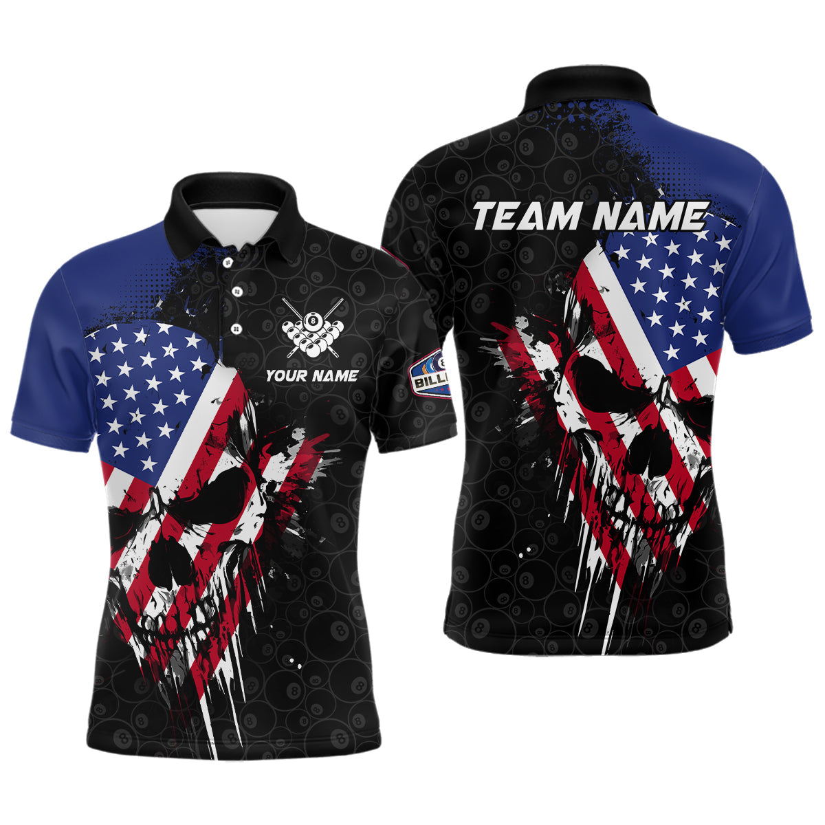 American Flag Grunge Skull 8 Ball Pattern Billiard Shirts For Men Custom Patriotic Billiard Jersey TDM3206