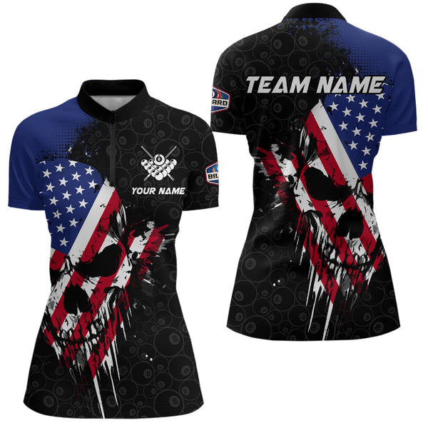 American Flag Grunge Skull 8 Ball Pattern Billiard Shirts For Women Custom Patriotic Billiard Jersey TDM3206