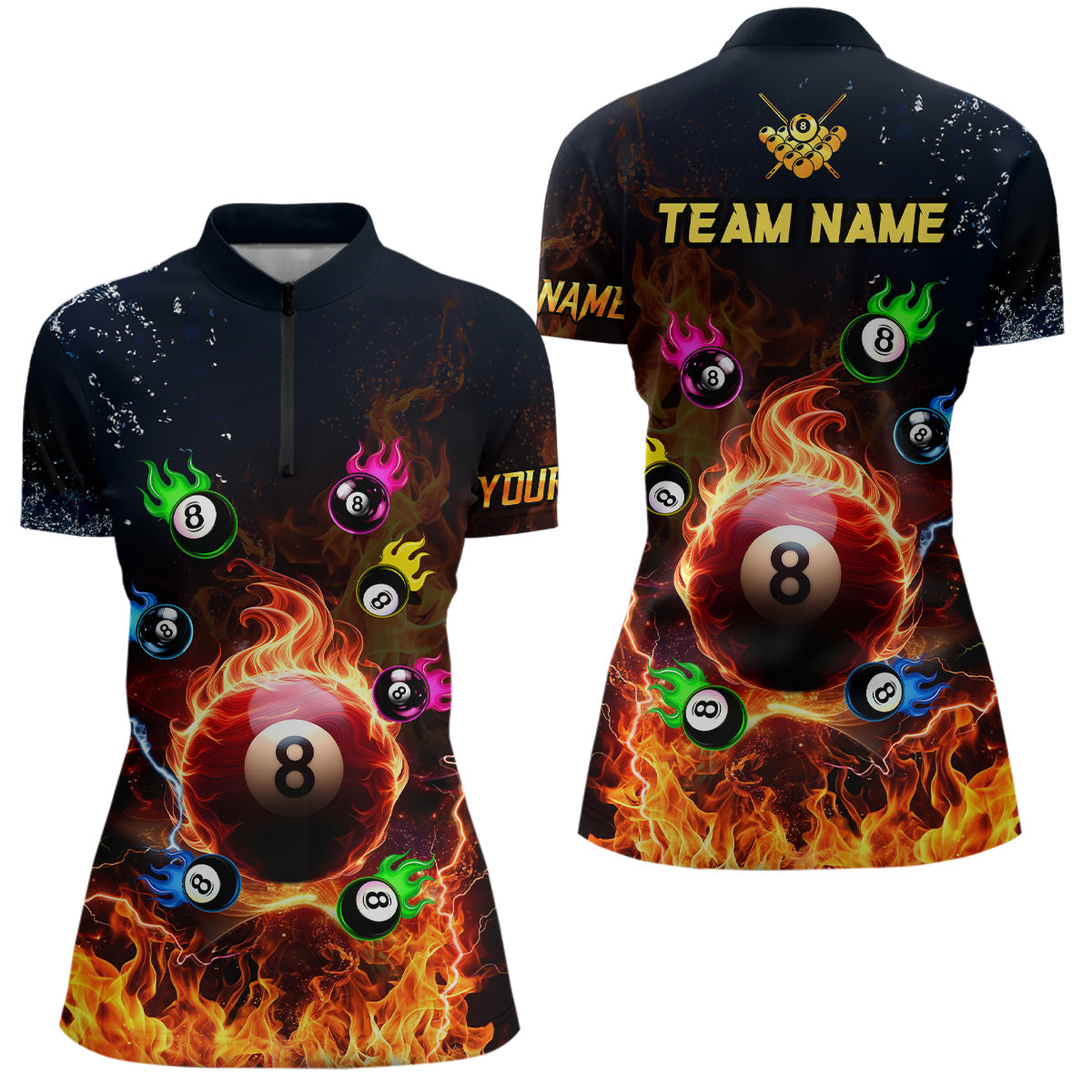 Personalized Colorful 8 Ball Fire 3D Women Polo & Quarter-Zip Shirts, Team League Billiard Jerseys TDM1770