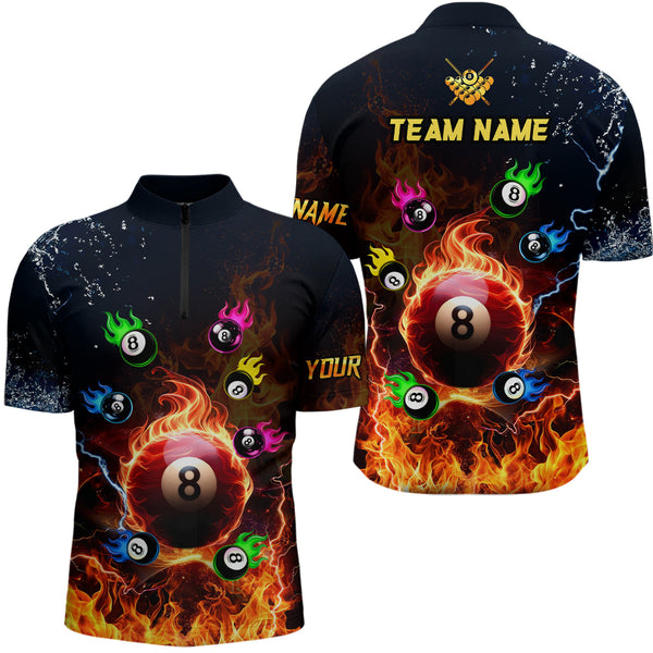 Personalized Colorful 8 Ball Fire 3D Men Polo & Quarter-Zip Shirts, Team League Billiard Jerseys TDM1770