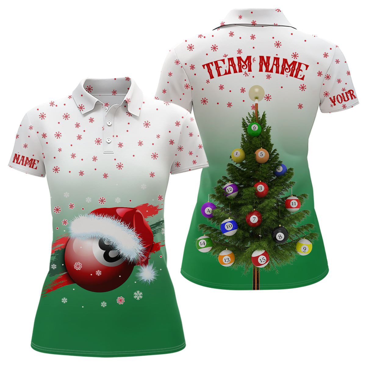 Personalized Funny Christmas Tree Billiard Balls Green 3D Women Polo Shirts, Christmas Shirt Ideas TDM0514
