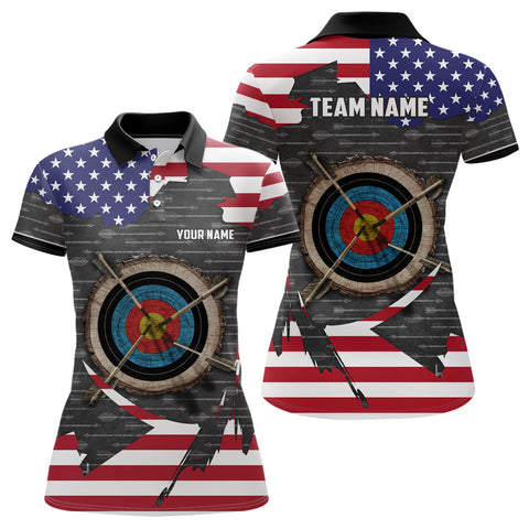 Retro Archery 3d Target Personalized US Flag Polo Shirts For Women, Patriotic Archery Jerseys Shirts TDM0708
