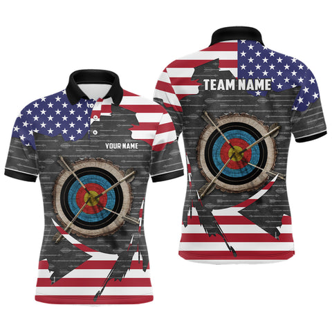Retro Archery 3d Target Personalized US Flag Polo Shirts For Men, Patriotic Archery Jerseys Shirts TDM0708