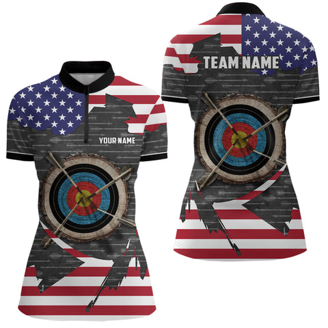 Retro Archery 3d Target Custom Us Flag Women Quarter-Zip Shirts, Patriotic Archery Jerseys  TDM0708