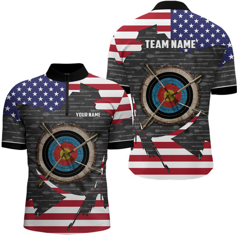 Retro Archery 3d Target Custom US Flag Men Quarter-Zip Shirts, Patriotic Archery Jerseys  TDM0708