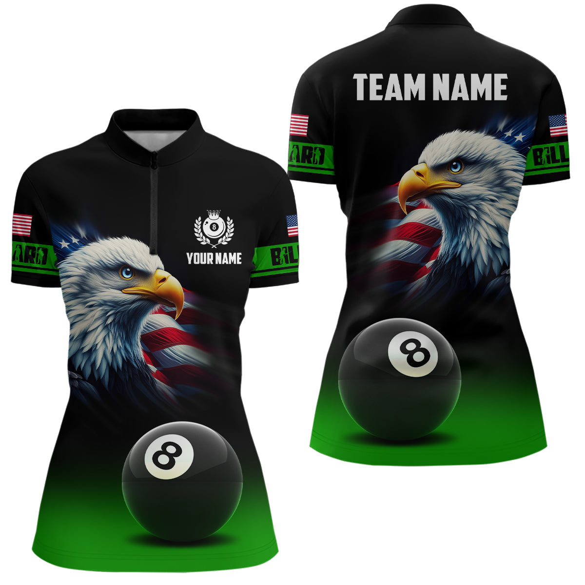 Custom Black Green Billiard Us Flag Eagle Women Quarter-Zip Shirt 3D 8 Ball Pool Team Shirts TDM1096