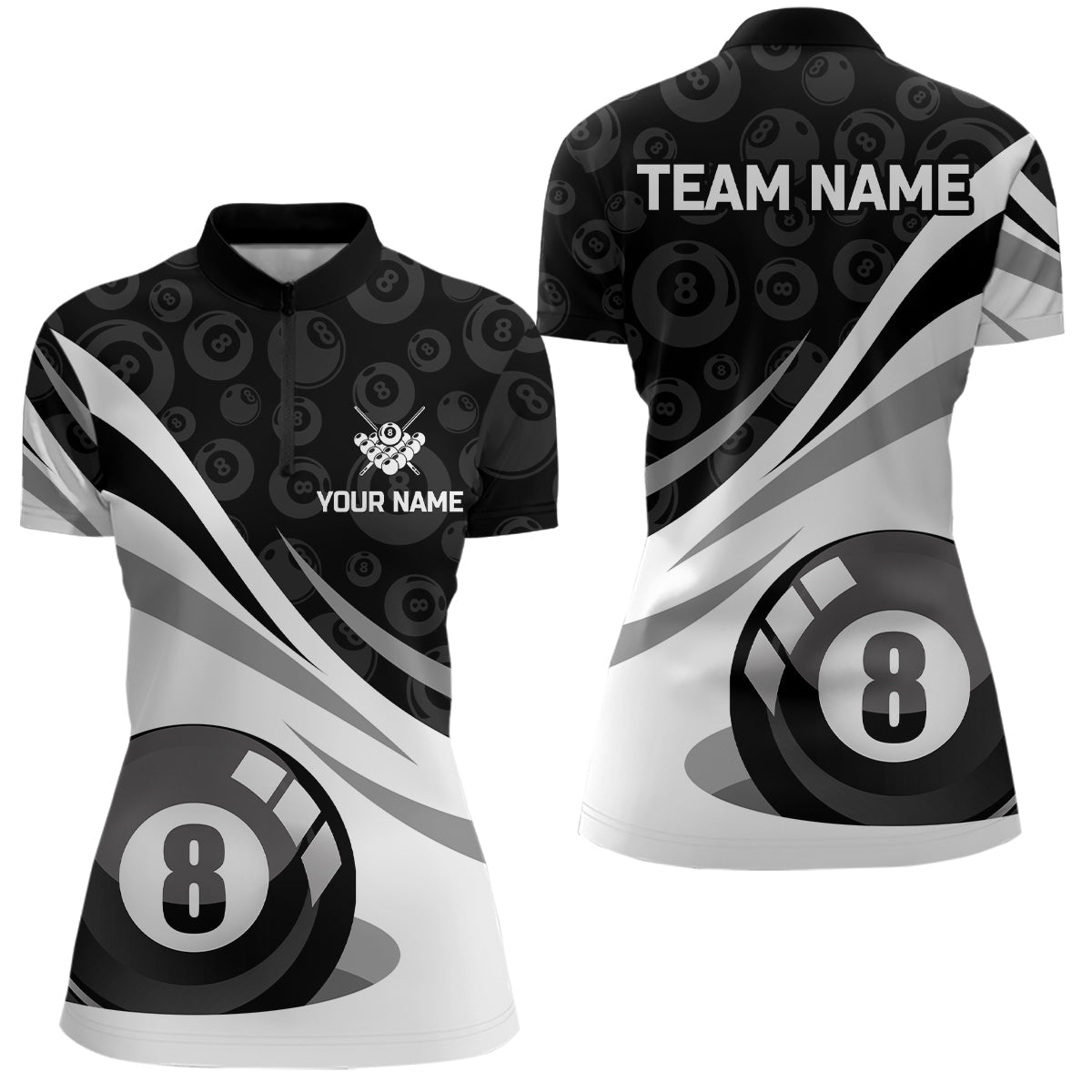 Customized Black White 8 Ball Pool Billiard Jerseys Women Quarter-Zip Shirt Billiard Uniform TDM1090
