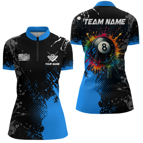 Personalized Grunge Paint Colorful 8 Ball Pool Billiard Shirts For Women Custom Billiard Jersey |Blue TDM2196