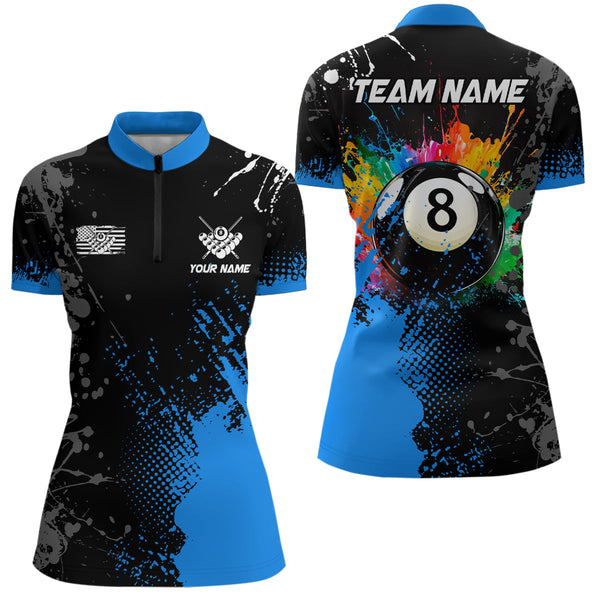 Personalized Paint Colorful 8 Ball Pool Billiard Shirts For Women Custom Blue Grunge Billiard Jerseys TDM2195