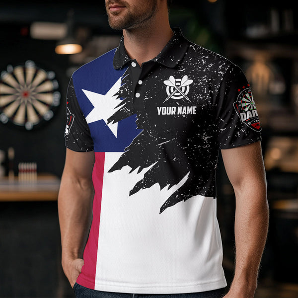Personalized Texas Flag Grunge Men Darts Polo & Quarter-Zip Shirts, Patriotic Dart Jerseys Uniform TDM3416