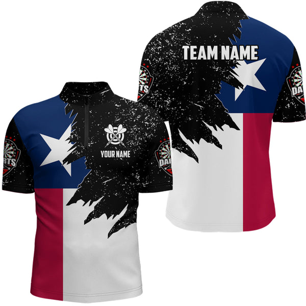 Personalized Texas Flag Grunge Men Darts Polo & Quarter-Zip Shirts, Patriotic Dart Jerseys Uniform TDM3416