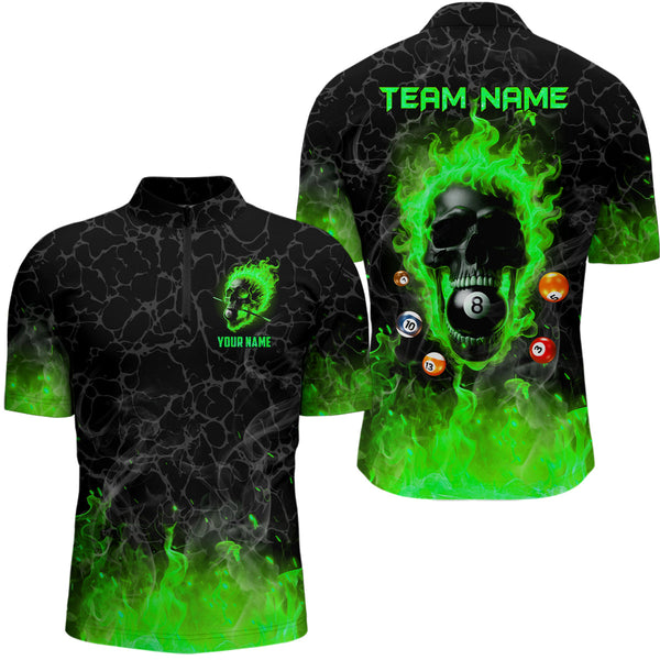 Billiards 8 Ball Flame Skull Fire Custom Pool Shirts For Men, Unique League Billiard Jerseys |Green TDM2010