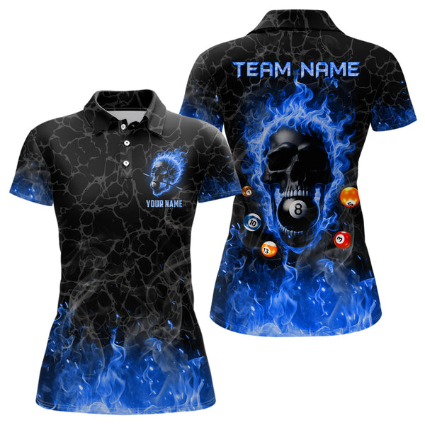 Billiards 8 Ball Flame Skull Fire Custom Pool Shirts For Women, Unique League Billiard Jerseys |Blue TDM2011