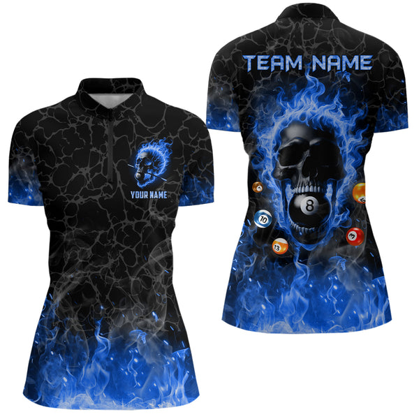Billiards 8 Ball Flame Skull Fire Custom Pool Shirts For Women, Unique League Billiard Jerseys |Blue TDM2011