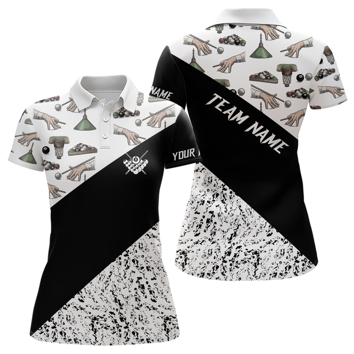 Custom Grunge Black White Full Printing Billiard Polo Shirts For Women, Best Billiard Shirts Design TDM0732