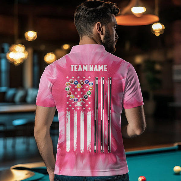 Personalized Pink Tie Dye Heart US Flag Men Billiard Shirts, Billiard Valentines Day Shirt Gifts TDM3430