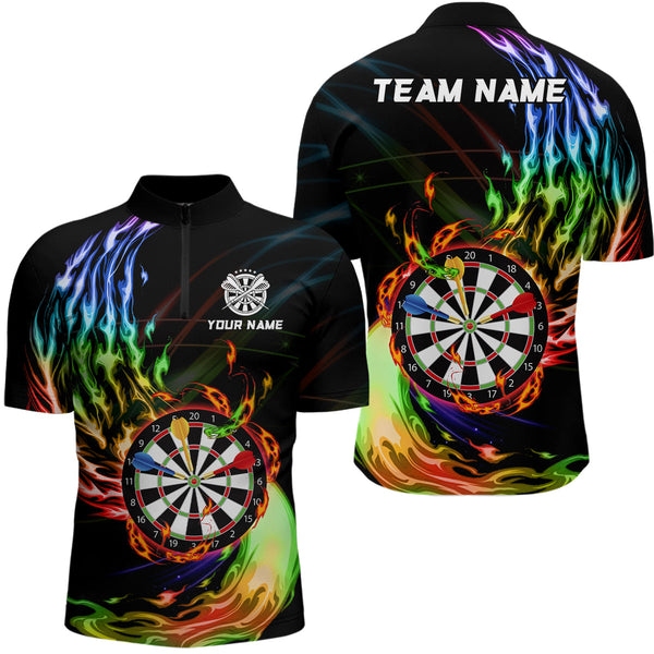 Rainbow Fire Flame Dartboard Darts Polo & Quarter Zip Custom Dart Shirts For Men Dart Jerseys TDM3740