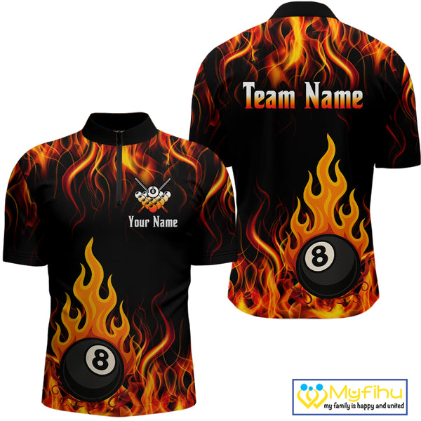 Orange 8 Ball Flame Fire Billiard Shirts For Men Custom Polo & 1/4 Zip Billiard Team Jerseys TDM4012