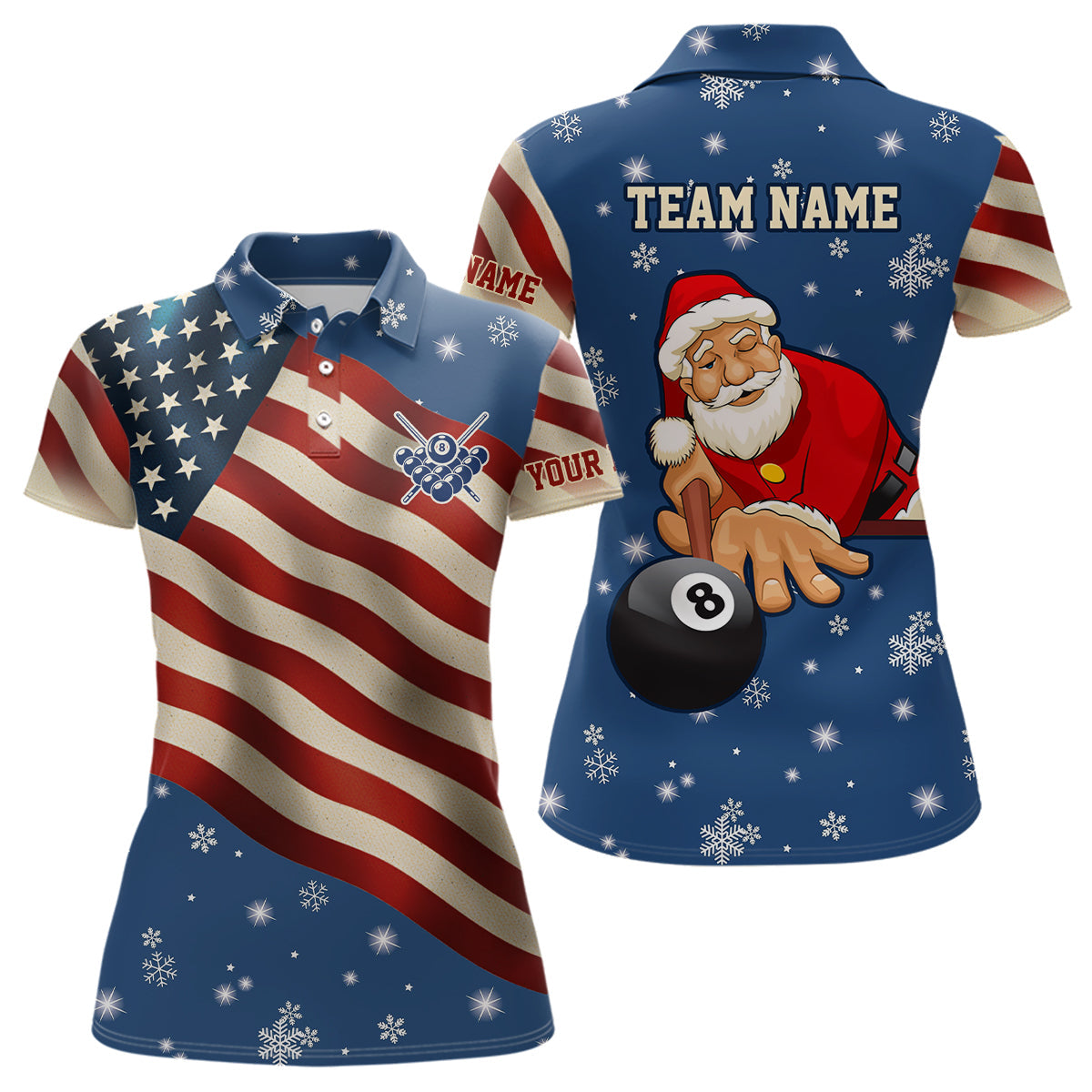 Funny Christmas Santa And Billiard Custom Snowflake Women Polo Shirts, Patriotic USA Christmas Shirts TDM0595