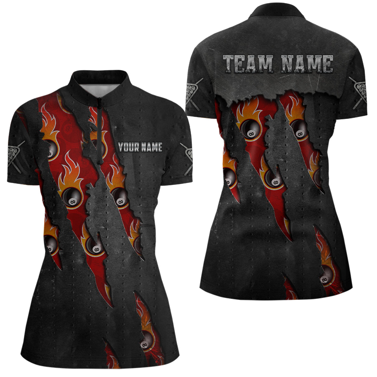 Funny Flaming 8 Ball Pattern Custom Billiard Women Quarter-Zip Shirt Pool Player Outfit TDM0603