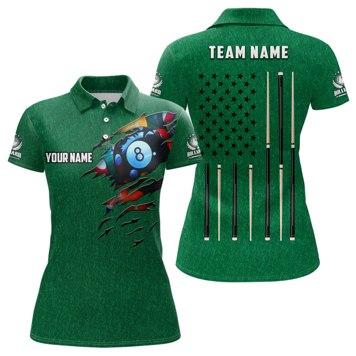 Customized Billiard Green American Flag  Polo Shirts For Women, Custom 8 Ball Unique Billiard Shirts TDM0140