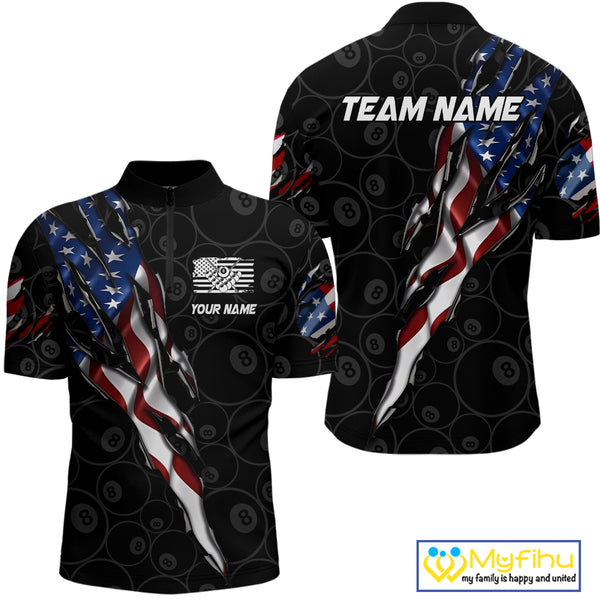 American Flag Scratch Billiard Shirt For Men, Custom 8 Ball Pool Team Jersey Polo & 1/4 Zip TDM4030