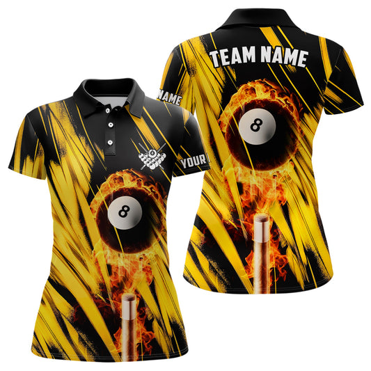 Billiard Ball Fire And Cue Custom Black Yellow Women Polo Shirts Best Billiard Attire For Player TDM0393