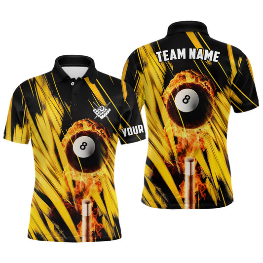 Billiard Ball Fire And Cue Custom Black Yellow Men Polo Shirts Best Billiard Attire For Player TDM0393