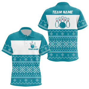 Ugly Christmas pattern bowling Polo shirt for Kid Custom Xmas Team Bowling Jerseys | Cyan Blue NQS8971