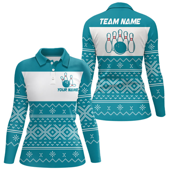 Ugly Christmas pattern bowling shirts for women Custom Xmas Team Bowling Jerseys | Cyan Blue NQS8971