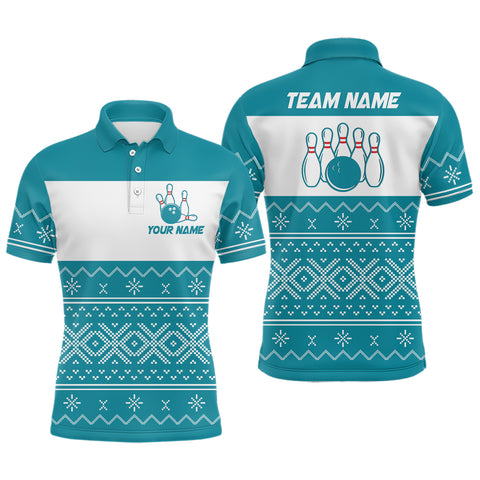 Ugly Christmas pattern bowling shirts for Men Custom Xmas Team Bowling Jerseys | Cyan Blue NQS8971