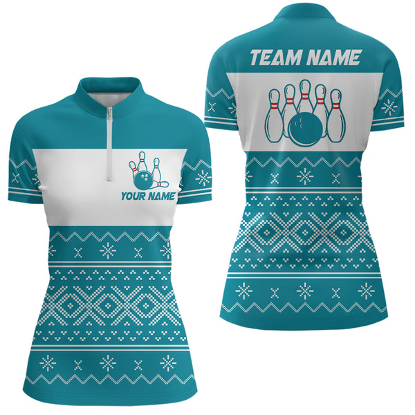 Ugly Christmas pattern bowling shirts for women Custom Xmas Team Bowling Jerseys | Cyan Blue NQS8971