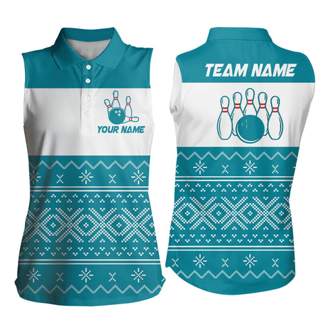 Ugly Christmas pattern bowling Sleeveless Polo shirt Custom Xmas Team Bowling Jerseys | Cyan Blue NQS8971