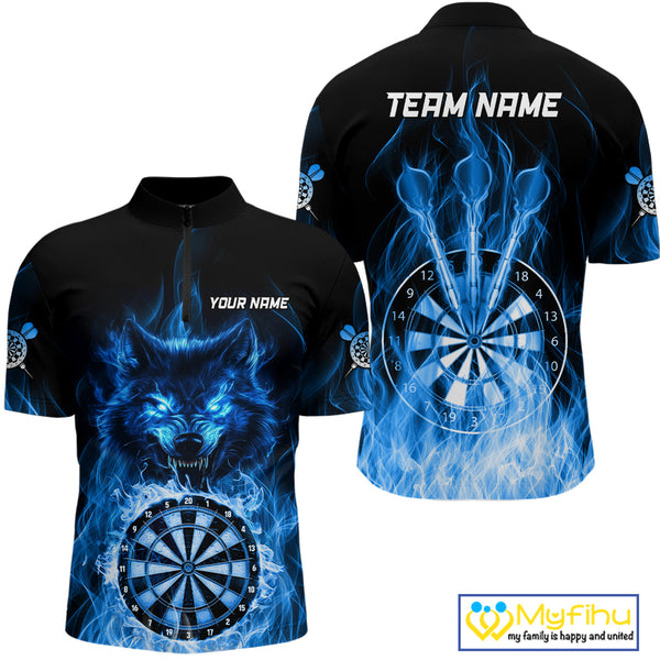 Custom Wolf Dart Shirts For Men – Fire Flame Dartboard Darts Team Jerseys Polo & Quarter Zip |Blue TDM4043