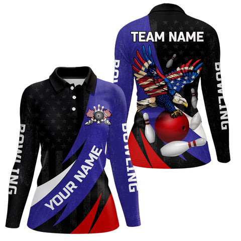 American Flag Eagle Bowling Polo, Quarter zip shirts For Women Custom Patriotic Team Bowling Jerseys NQS8977