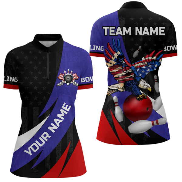 American Flag Eagle Bowling Polo, Quarter zip shirts For Women Custom Patriotic Team Bowling Jerseys NQS8977