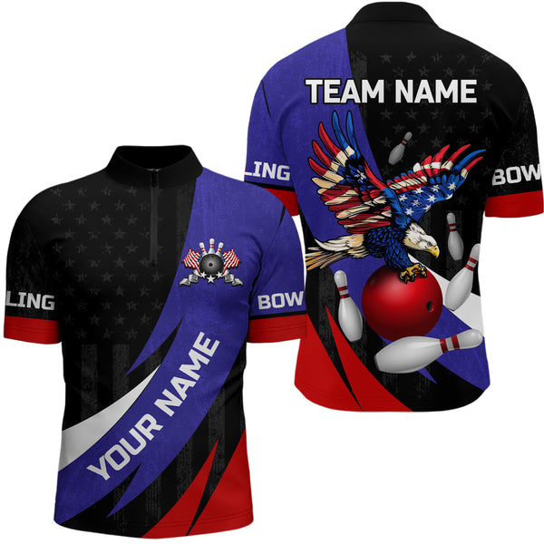 American Flag Eagle Bowling Polo, Quarter zip shirts For Men Custom Patriotic Team Bowling Jerseys NQS8977