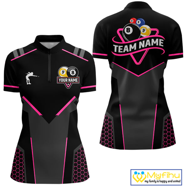 Personalized 8 Ball & 9 Ball Pool Billiard Polo, 1/4 Zip For Women Custom Team Billiard Jersey|Pink TDM4048