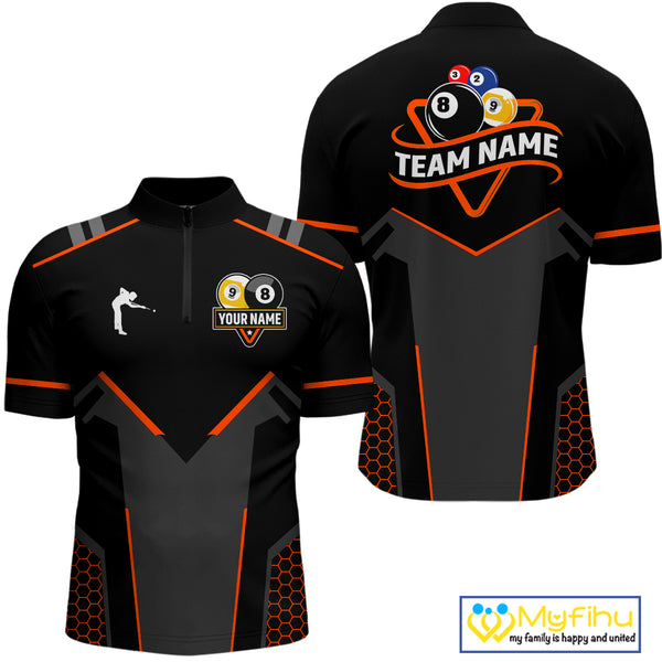 Personalized 8&9 Ball Pool Billiard Polo, 1/4 Zip For Men Custom Team Billiard Jersey|Orange TDM4049