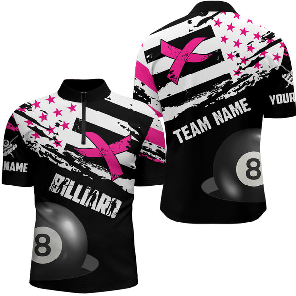 Customized Billiard Breast Cancer Flag Shirts For Men, Pink And Black Ribbon 8 Ball Billiard Jersey TDM2316