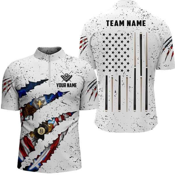 Custom Eagle American Flag White Grunge Billiard Shirts For Men, Patriotic Billiard Team Jerseys TDM2317