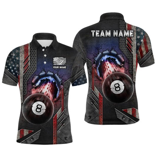 Billiard Ball 8 American Flag Personalized Name 3D Polo Shirts For Men, Patriotic Billiard Shirts TDM0189
