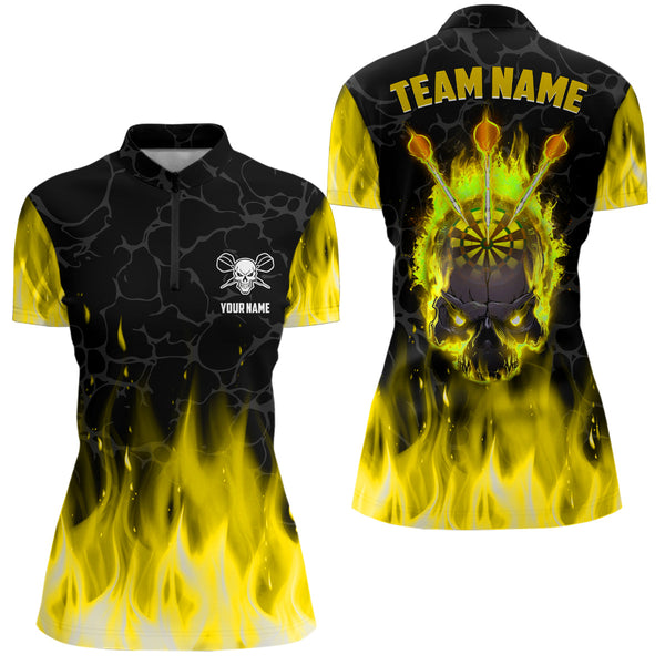 Fire Flame Skull Womens Darts Polo & Quarter Zip Shirt Custom Scary Darts Team Jerseys | Yellow TDM2554